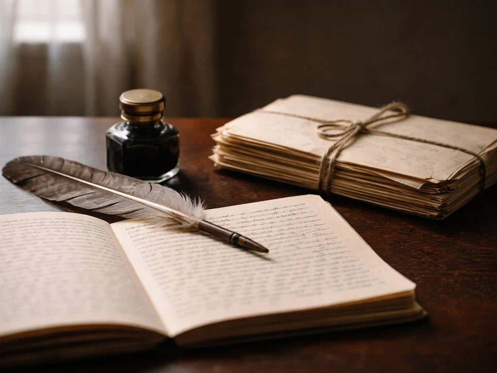 Vintage quill and ink beside manuscript pages and an old tied document on a wooden desk.