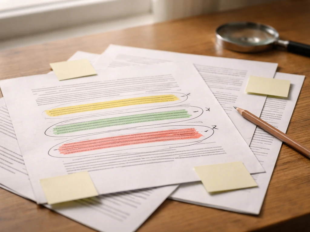 Close-up of annotated documents and highlighted sections about dates and sources on a desk