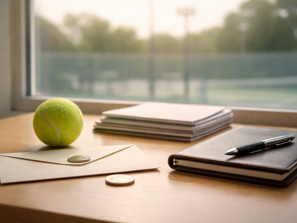Tennis-themed desk scene with a tennis ball and envelope symbolizing prize money and sponsorship analysis