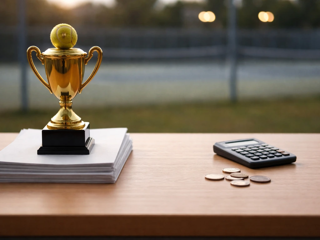 Gold tennis trophy and coins with blank documents on a desk, symbolizing net worth estimate differences.