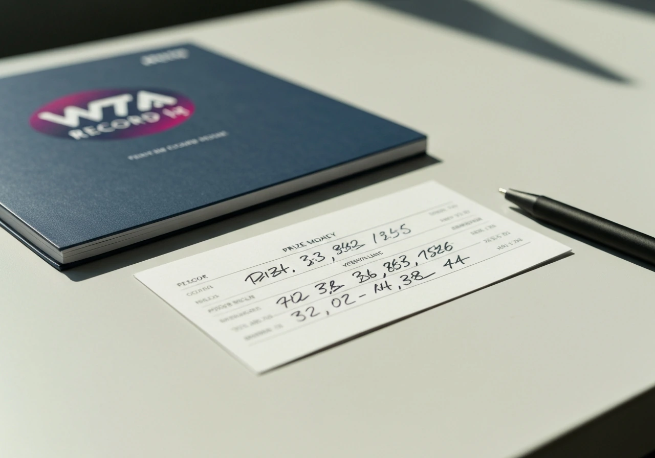 Close-up of a tennis prize money record book and stats card on a desk under natural light.