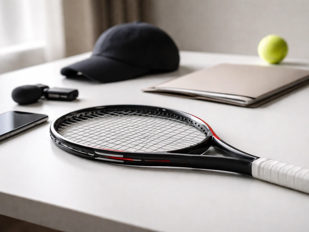 Wilson tennis racket on a desk with a smartphone and blank contract folder, suggesting endorsement deals.