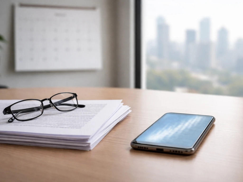 Minimal desk scene with documents and phone showing a blurred earnings timeline concept.