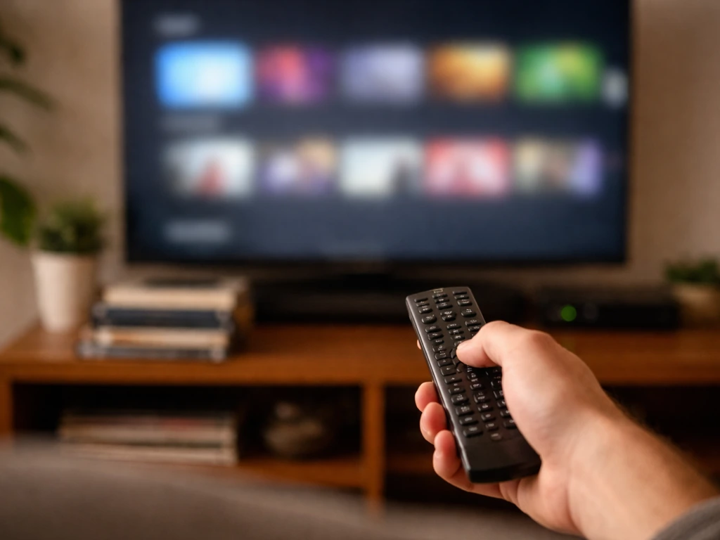 Anonymous person holding a remote as a softly lit TV suggests streaming-era syndication income.