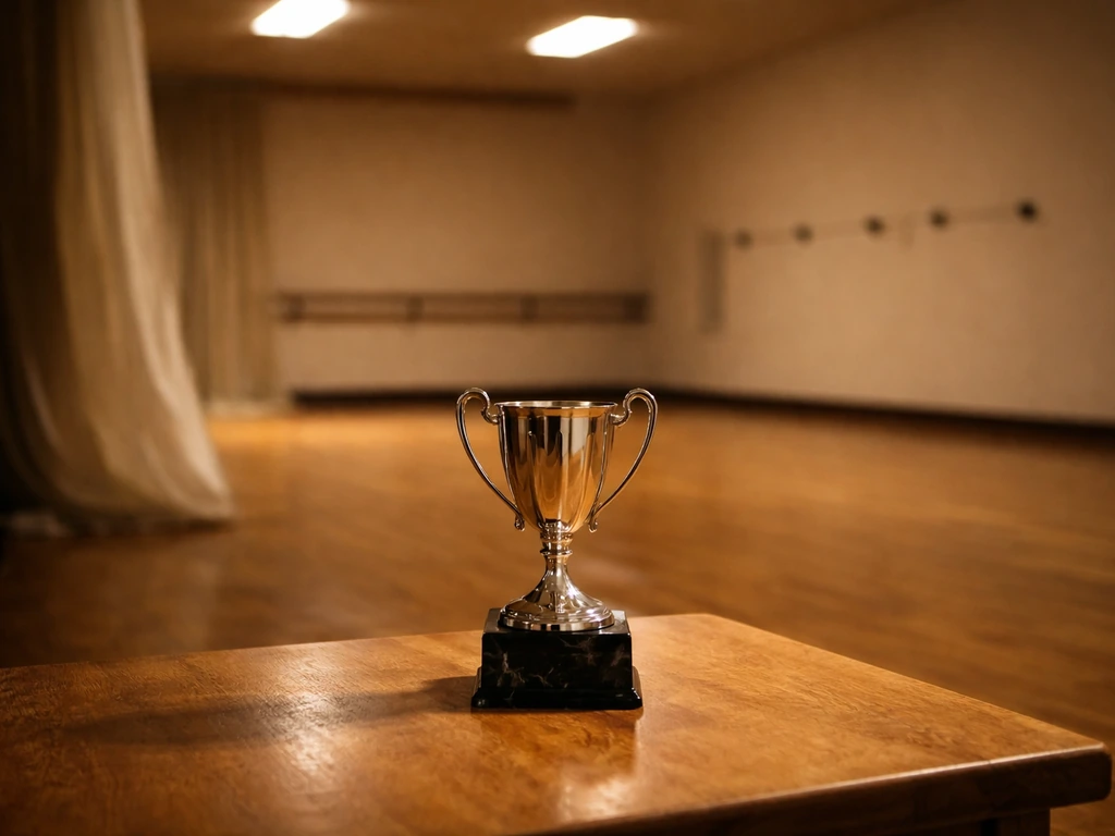 Empty dance studio with a trophy-like centerpiece and warm light symbolizing wealth and performance