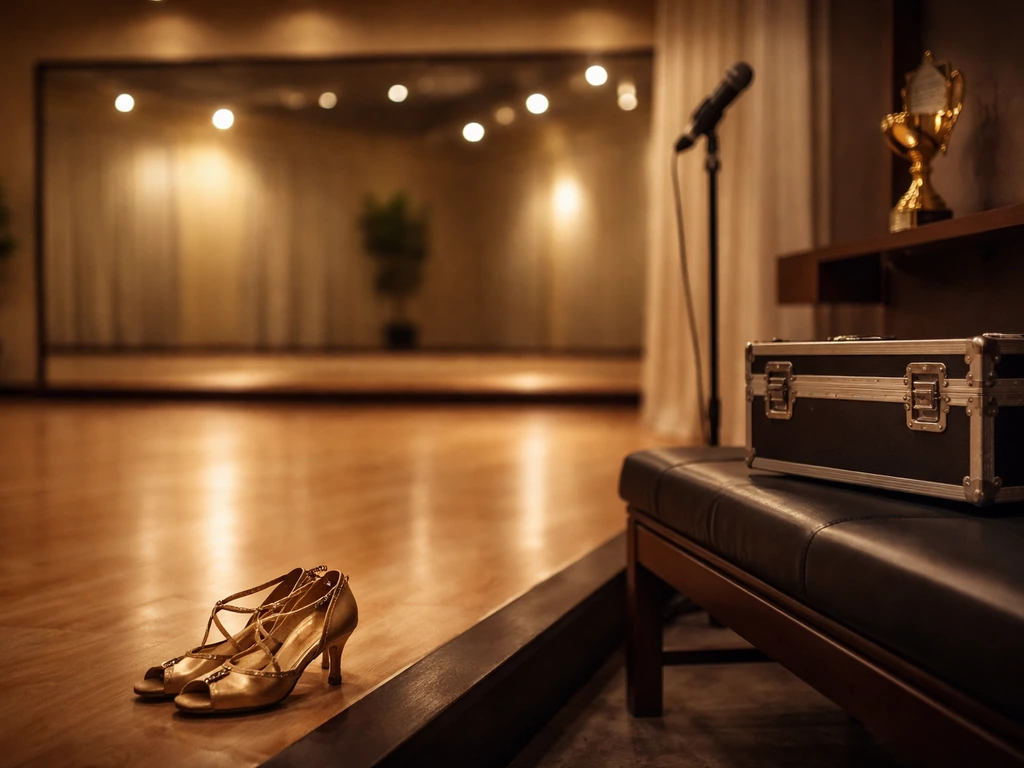 Empty ballroom dance studio with ballroom shoes, a microphone stand, and warm stage lighting, symbolizing TV coaching an