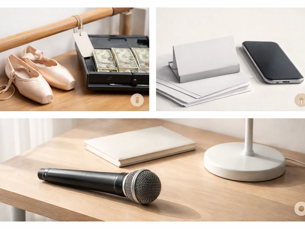 Minimal photo collage showing symbolic items for business, media, and studio revenue inputs