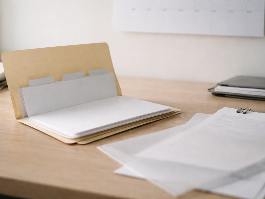 Open folder with missing documents, scattered papers, and a blurred timeline-like backdrop suggesting data uncertainty.