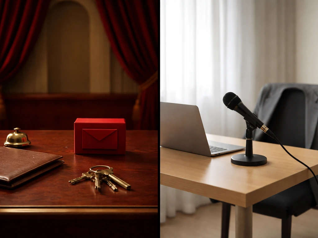 Minimal split image: Soviet-style ceremonial desk props on one side, modern speaking gear on the other.