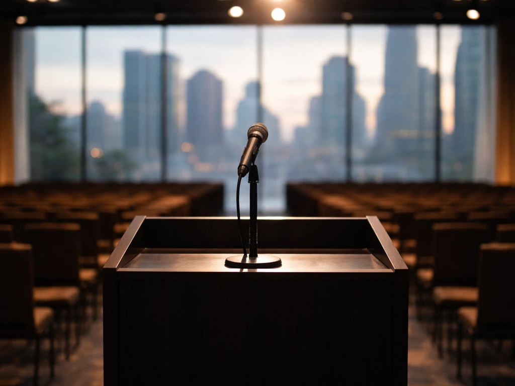 Empty conference podium with a standing microphone and soft spotlight, suggesting an international speaking setting.