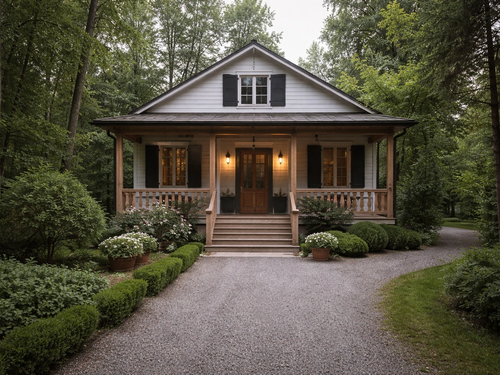 Dacha-style house outside Moscow surrounded by trees and a quiet driveway, empty and calm.