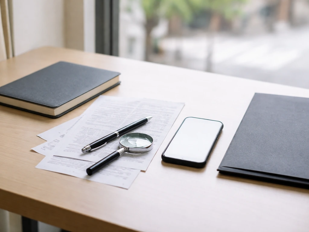Minimal desk with receipts, pen, and magnifying glass suggesting verifying evidence for a net worth claim.