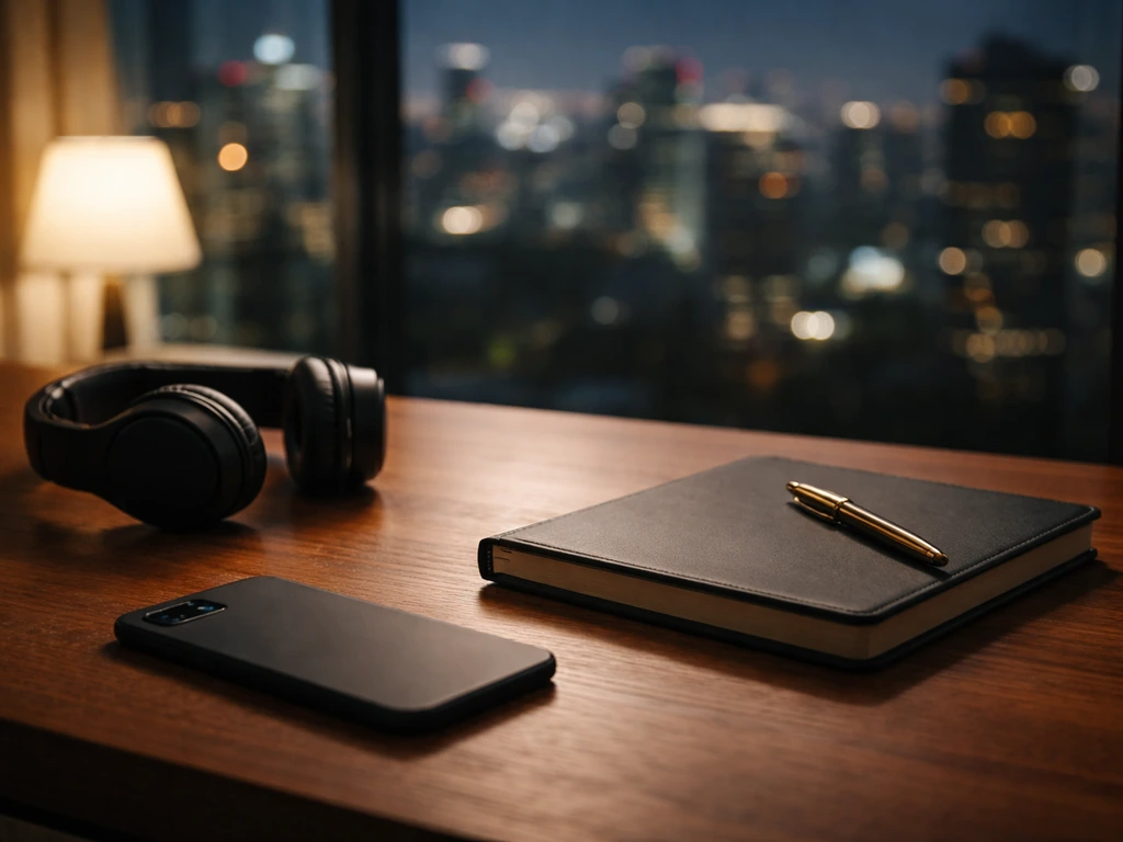 Minimal desk scene with a smartphone, headphones, and a blurred city skyline suggesting media and finance