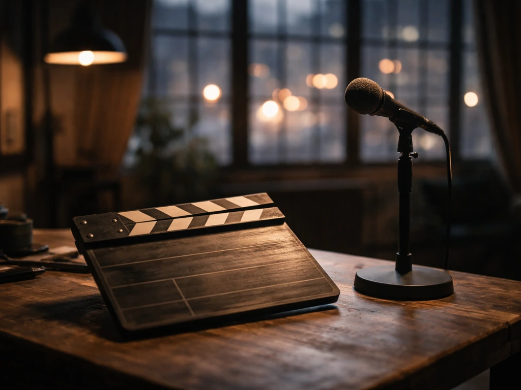 Empty film studio setting with a clapperboard and soft city light, symbolizing actor-style public profile and media weal