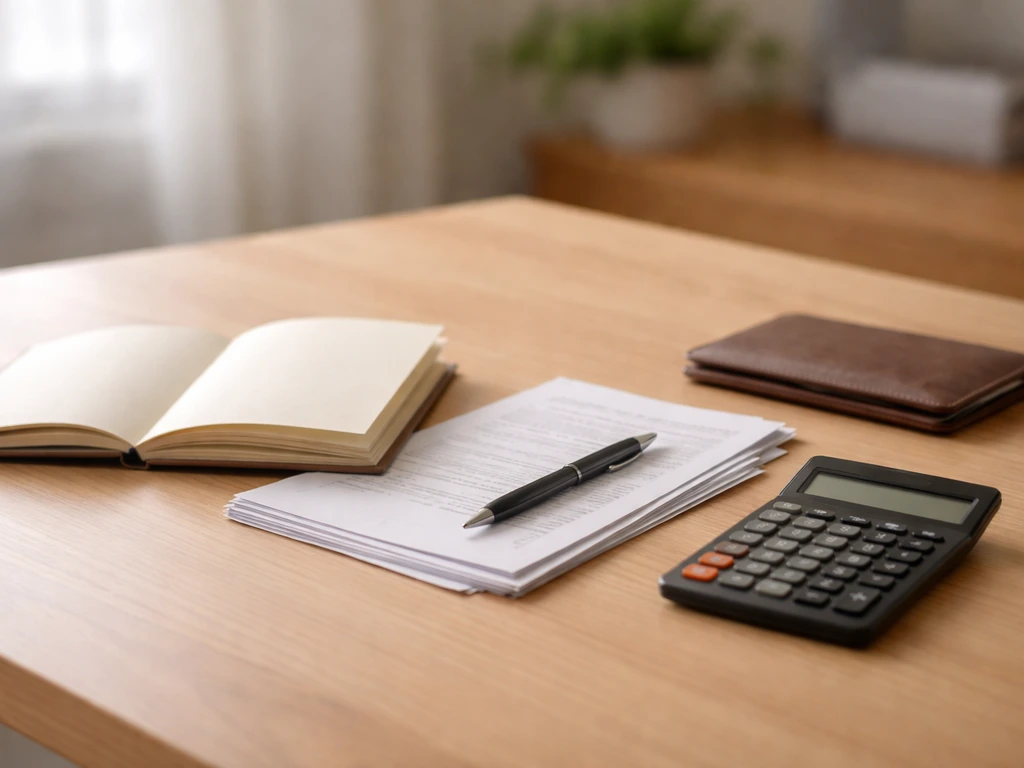 Minimal photo of an organized desk with notebook, calculator, and documents for self net-worth estimation steps.