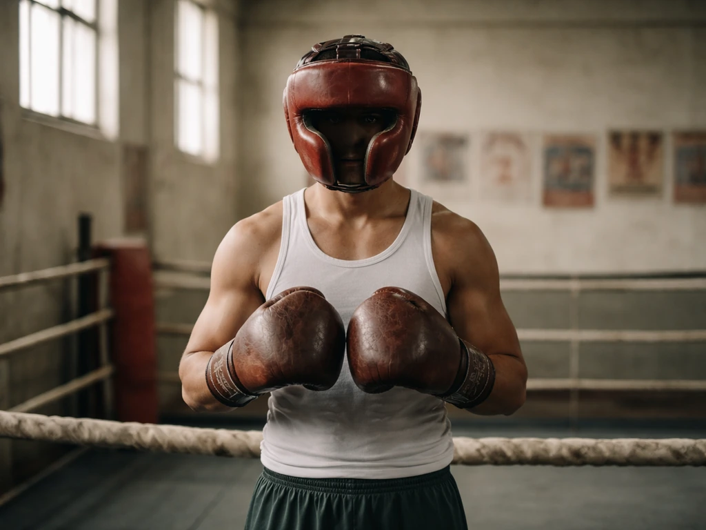 Anonymous amateur boxer in a vintage boxing gym with gloves and headgear, soft daylight.