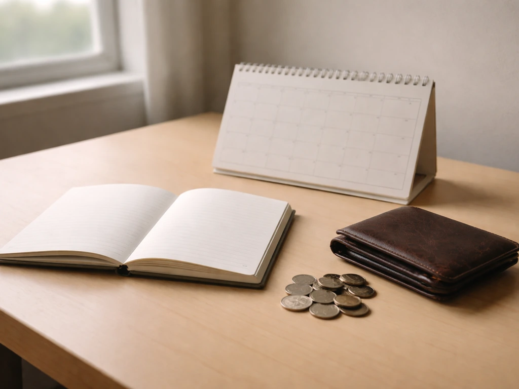 Minimal office desk with a calendar and scattered coins, suggesting a net worth timeline and uncertainty range.