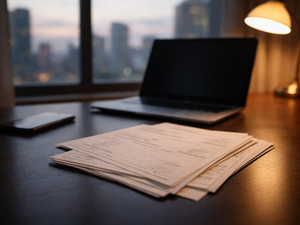 Minimal desk scene with printed search-like papers and a blurred city skyline, suggesting identity confusion