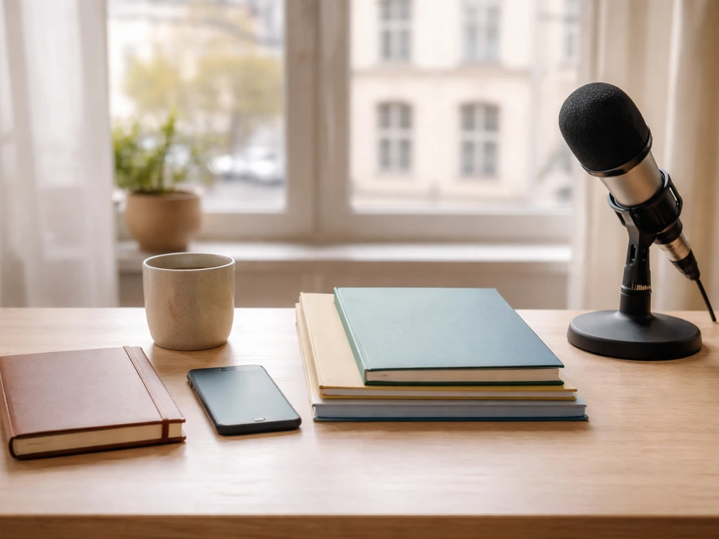 Minimal finance desk with microphone, notebook, folders, and smartphone in natural light.