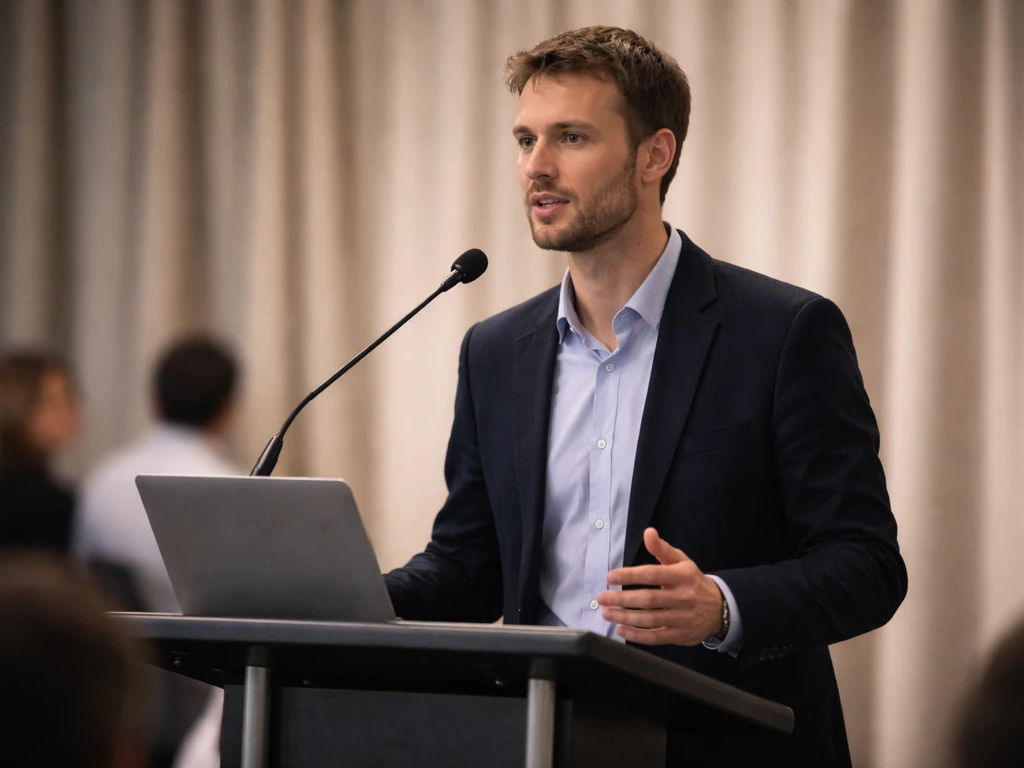 Anonymous speaker at a conference podium with a microphone and laptop under soft stage lighting.