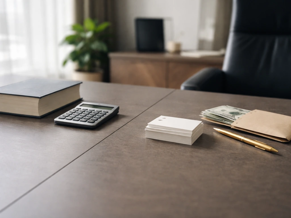 Minimal office desk showing academic materials on one side and business money symbols on the other.
