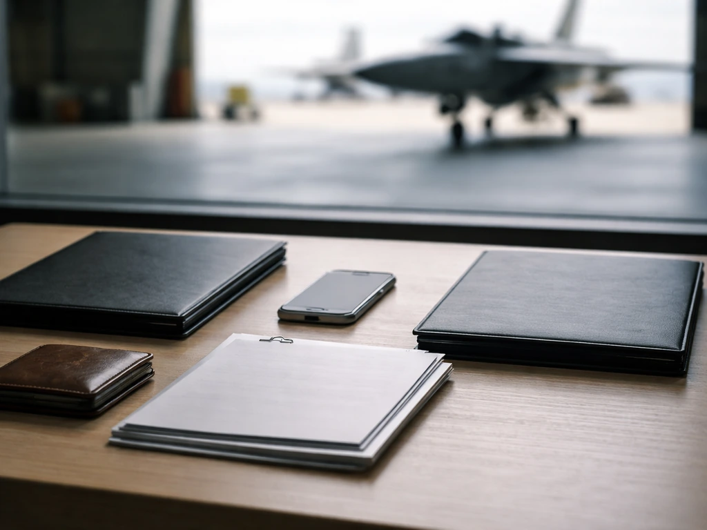 Minimal desk scene with two anonymous folders and a softly blurred hangar aircraft silhouette.