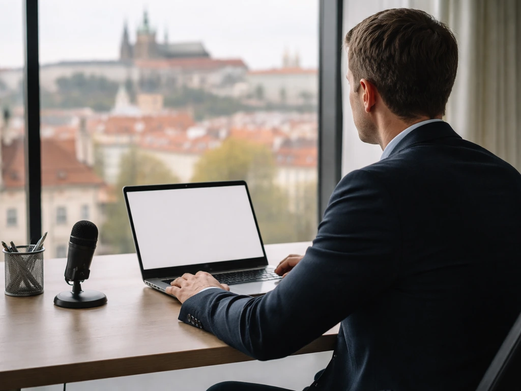 Anonymous tech executive in a modern Prague office with a laptop and microphone, symbolizing JetBrains leadership.
