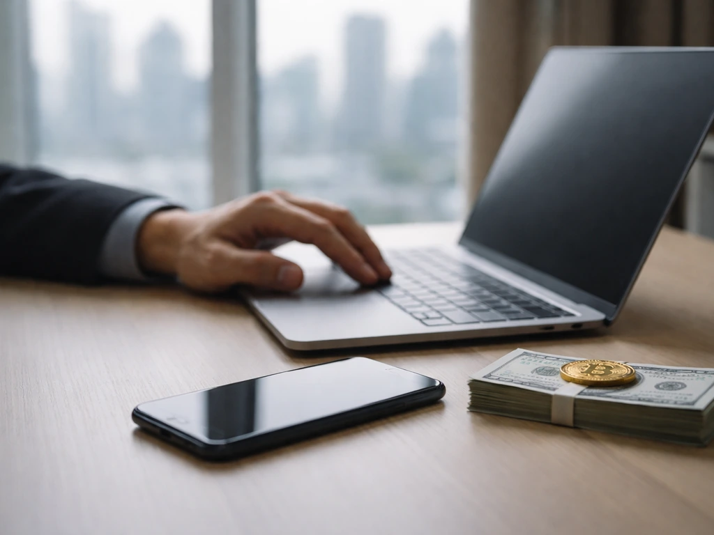 Minimal office scene with a laptop and smartphone beside cash, symbolizing a real-time net worth estimate.