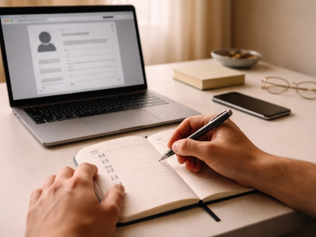 Minimal desk scene with a notebook checklist and a laptop showing a finance-profile style page