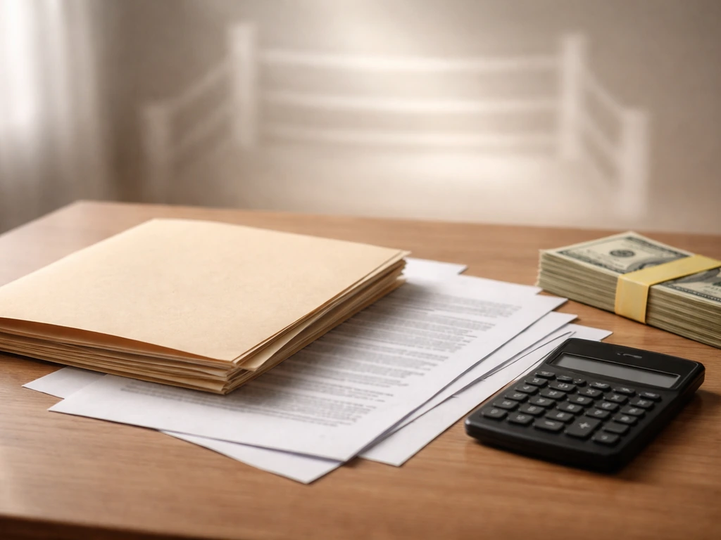 Minimal desk scene with paperwork and a calculator, symbolic money verification atmosphere