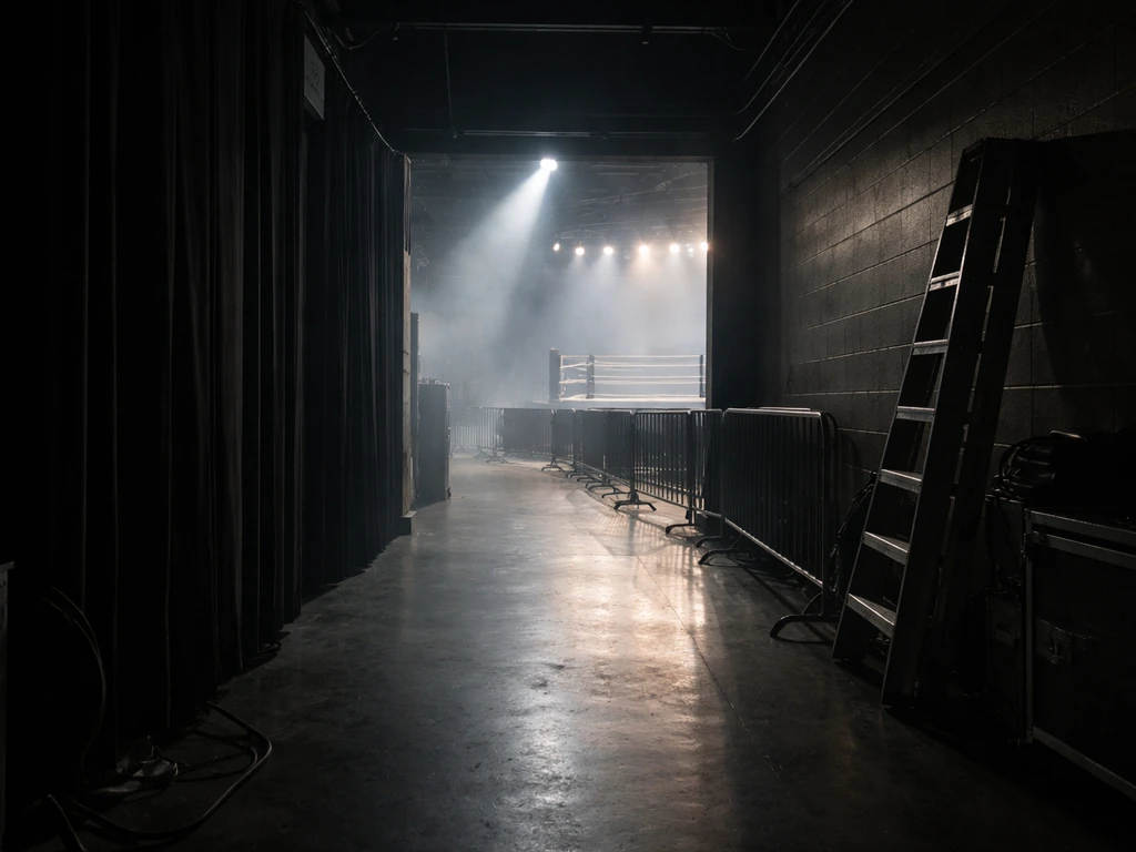 Empty wrestling arena entrance at dusk with dramatic lights, suggesting a professional wrestling identity
