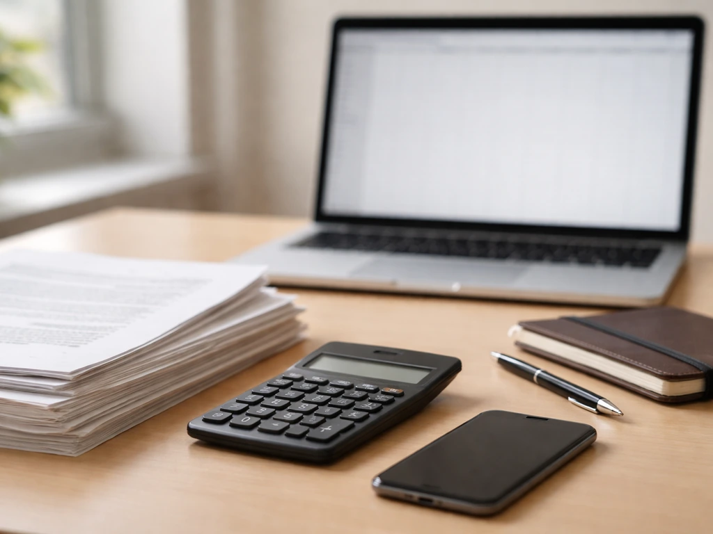 Close-up of scattered documents, a calculator, and a smartphone beside a laptop showing earnings-related research