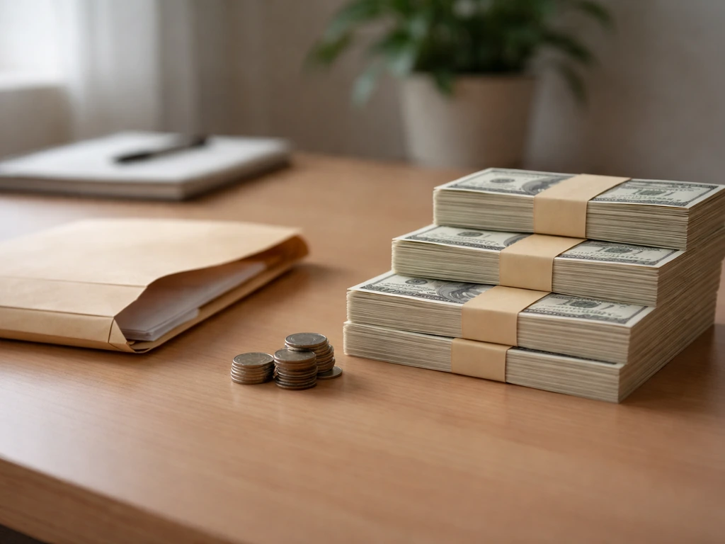 Minimal desk scene with a cash envelope, coin pile, and a simple stepped stack suggesting a net worth range.