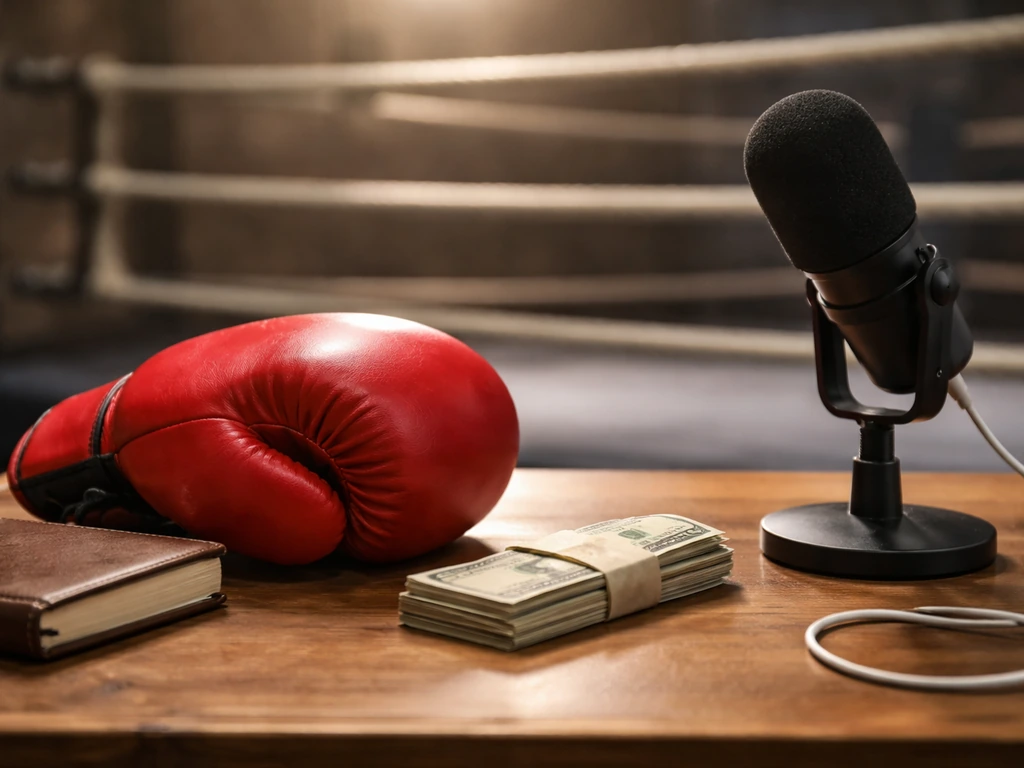Boxing glove and money-themed desk scene with studio mic, symbolizing earnings analysis.