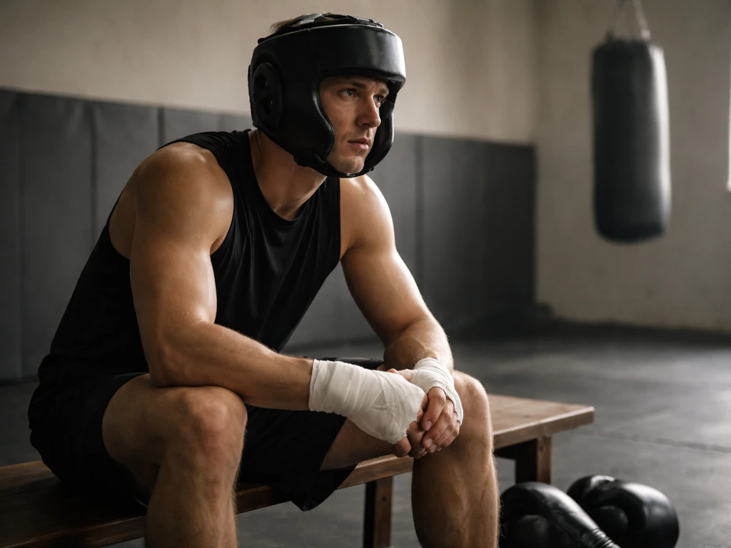 Ukrainian pro boxer in training gear seated in a quiet gym, wearing headgear, gloves nearby