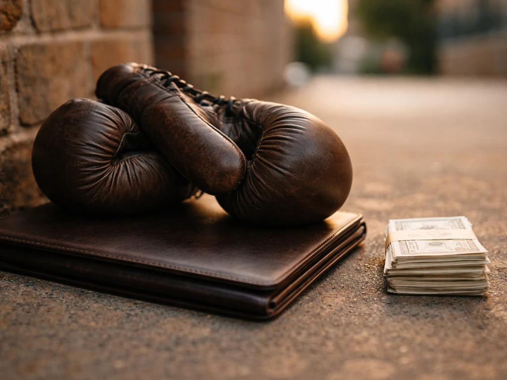 Minimal photo of a boxing glove, contract folder, and cash with a plain city backdrop suggesting fight earnings