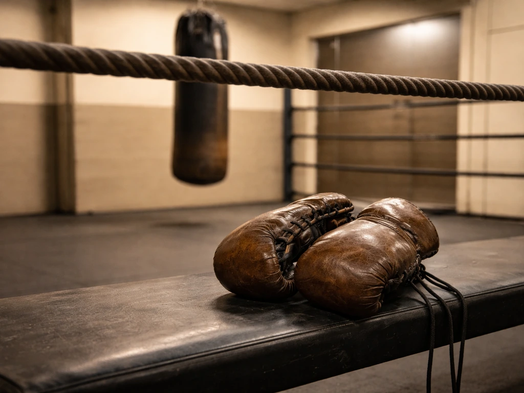 U.S. boxing gym corner with a pair of pro gloves and a heavy bag, hinting at Ukrainian athletes in the market