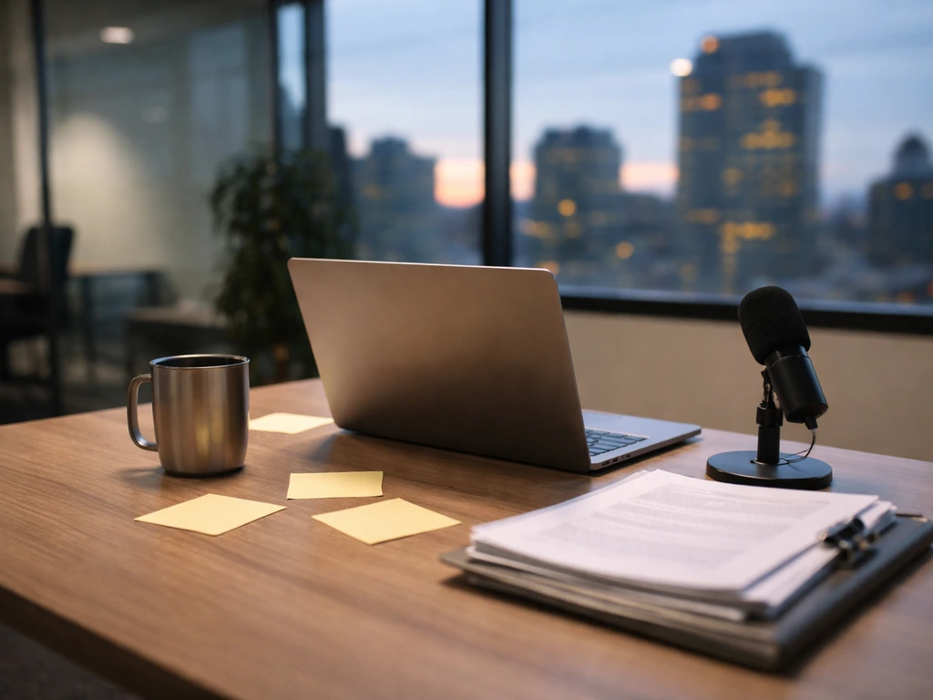 Anonymous tech founder desk with laptop and microphone, city view outside, symbolizing SaaS wealth analysis.