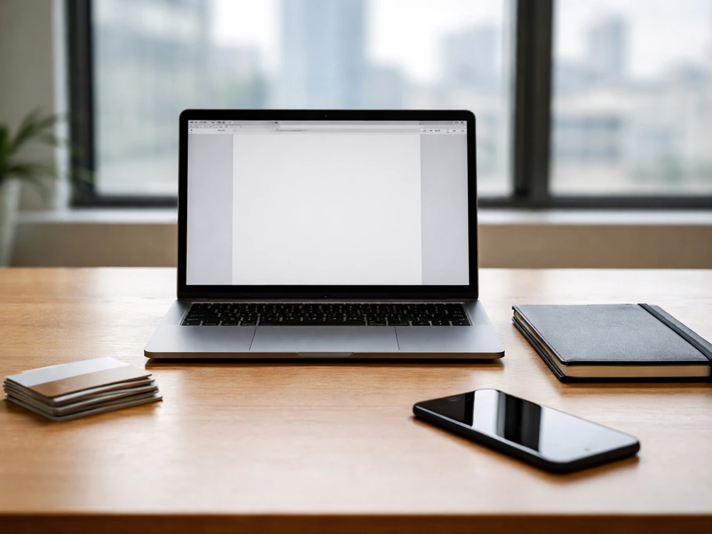 Minimal office desk with laptop and cards, symbolizing identity verification for a business profile.