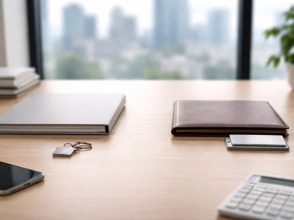 Minimal office desk with symbolic objects suggesting equity and other assets driving a net worth estimate.