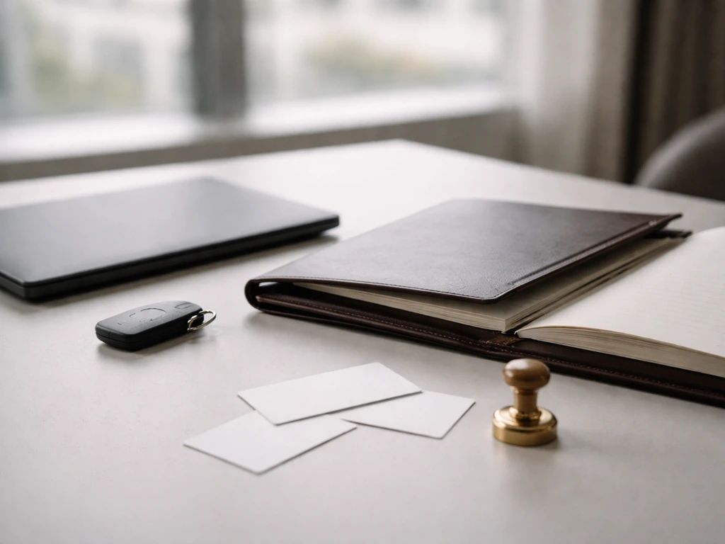 Minimal office desk scene with laptop, portfolio, and blank documents symbolizing business ownership equity.