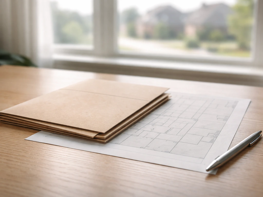 Close-up of real-estate documents and a pen on a desk with a simple parcel map backdrop.