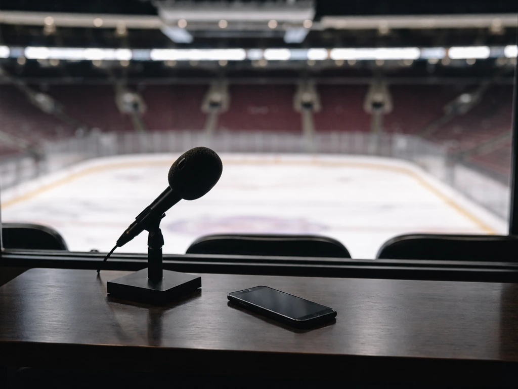 Empty hockey arena suite desk with microphone and smartphone, symbolizing sports profile analysis.