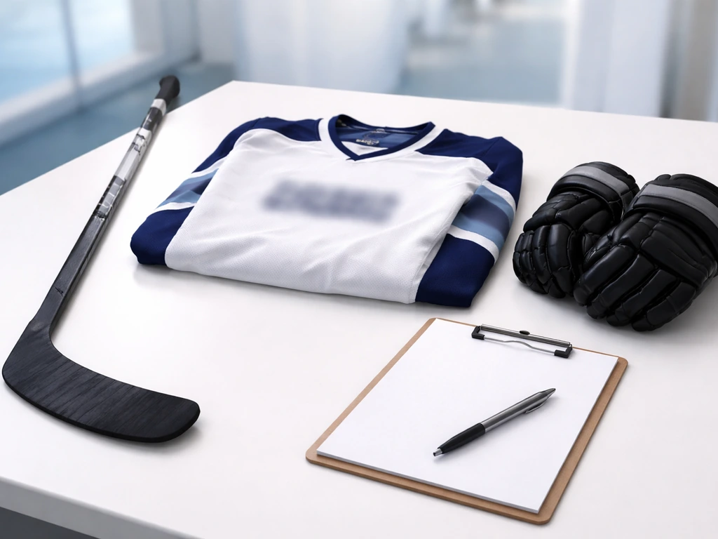 Ice-hockey gear on a desk with a jersey and gloves, representing sponsorship and endorsements categories.