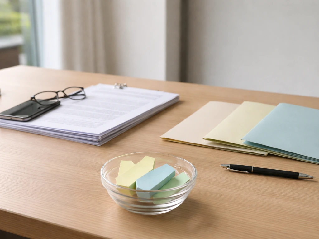 Minimal office desk with blank documents and folders suggesting verification sources and evidence weighting.