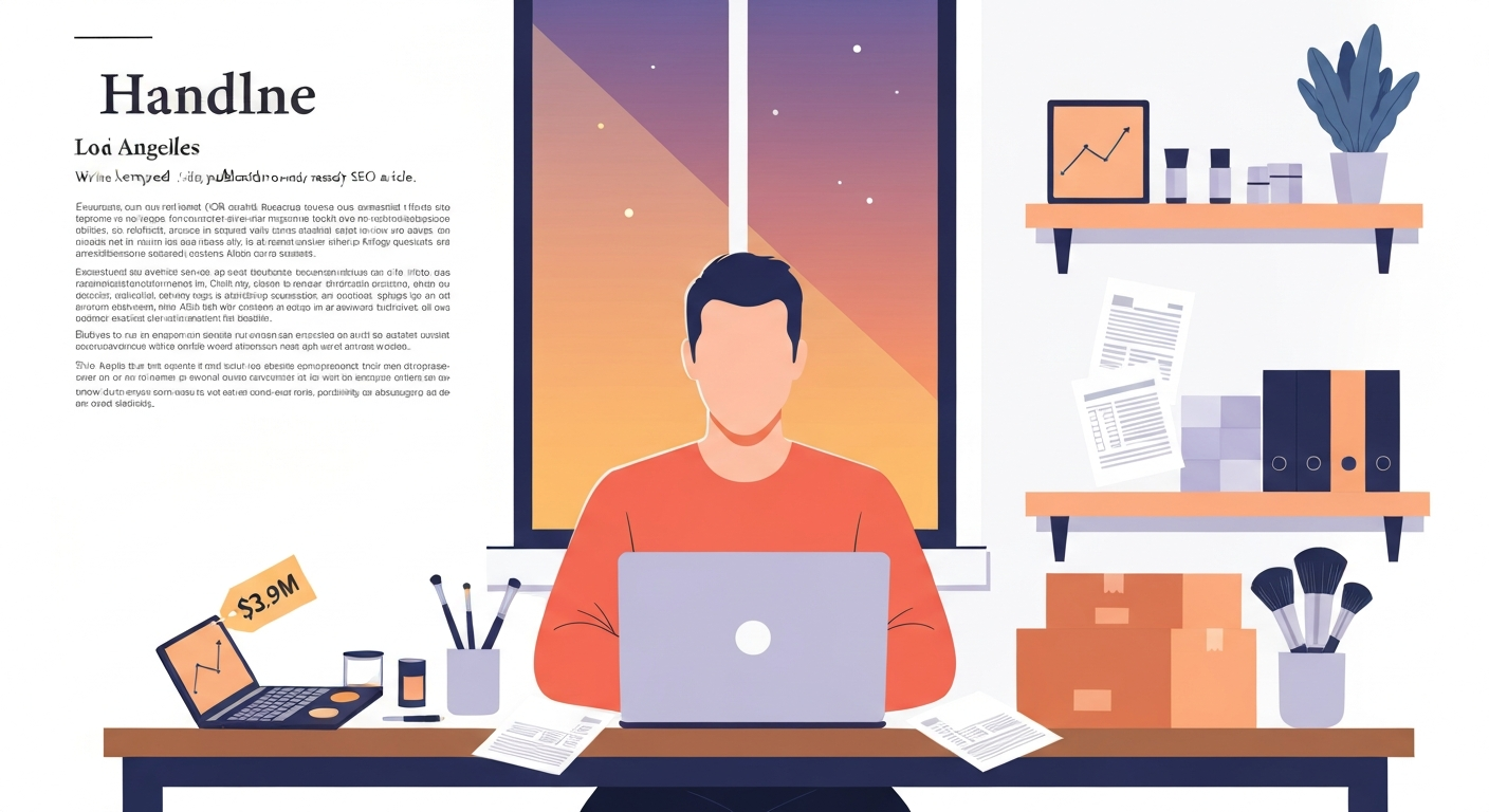 Conceptual illustration of an anonymous entrepreneur in a studio surrounded by cosmetics packaging and financial papers, laptop showing a declining graph and a box labeled $3.9M.
