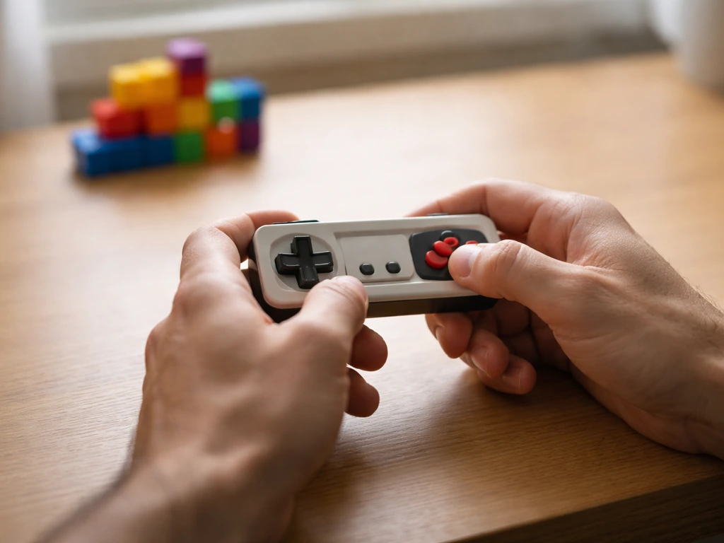 A man’s hands holding a vintage game controller beside a small Tetris-like block toy on a desk