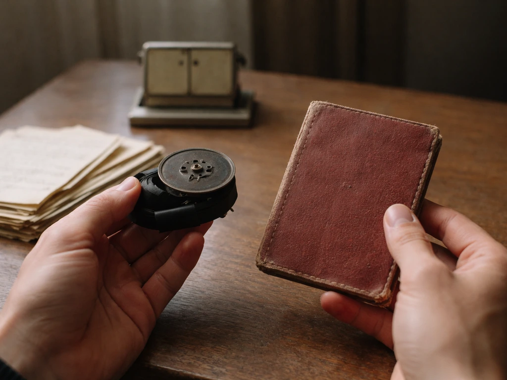 Anonymous hands with Soviet-era documents and a blank calendar on a wooden desk, evoking missing royalties.