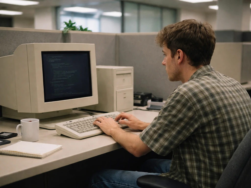 Late-1990s tech office desk scene with a developer working on a classic workstation.
