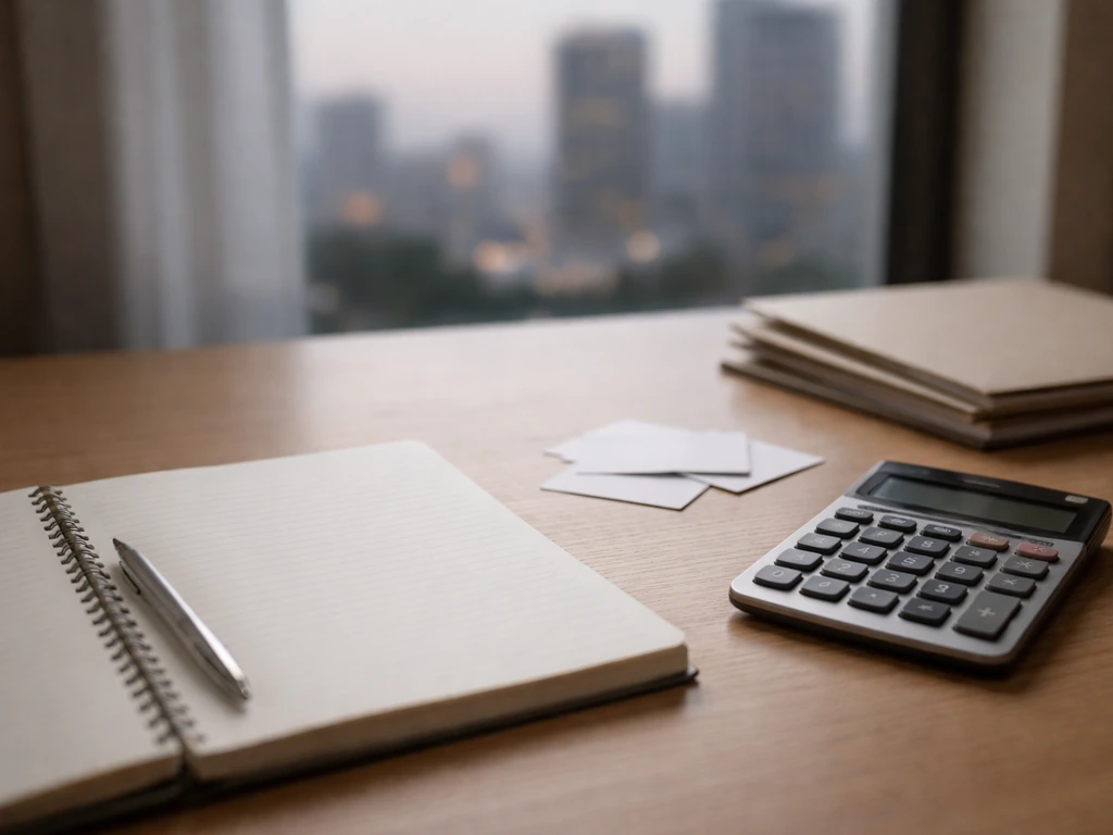 Minimal photo of an office desk with a calculator and scattered cards suggesting an estimated net worth range.